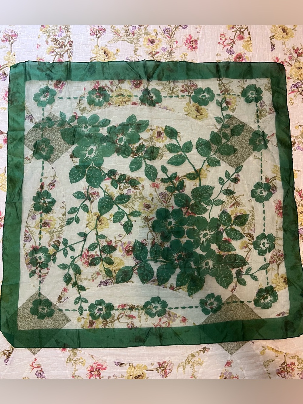 Vintage Queen Pearl Sheer Floral Square Scarf Burnout Jacquard 30”